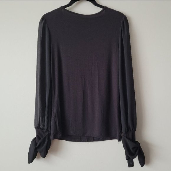BLACK V-Neck Long Sheer Sleeve Blouse - Picture 3 of 9